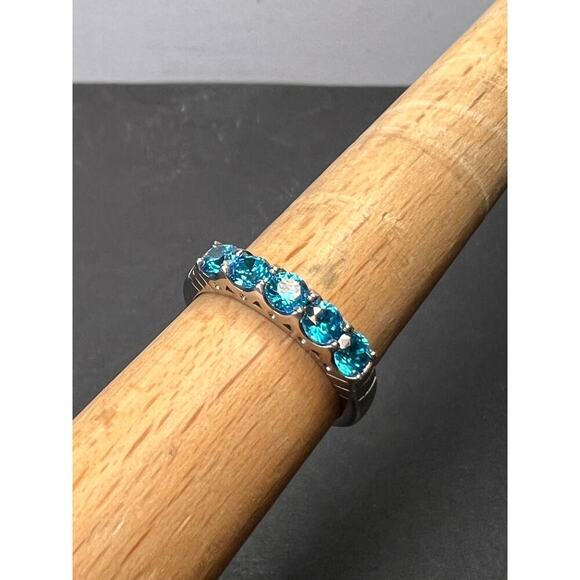 5 stone blue CZ rhodium over Sterling silver ring size 9 - Picture 1 of 11